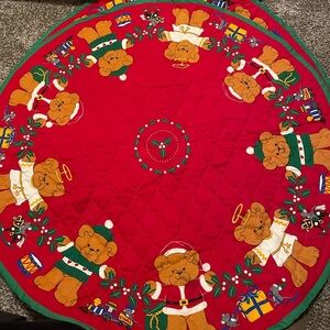 Festive Red Christmas Table Topper with Teddy Bears